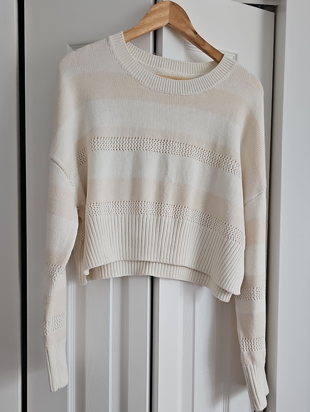 Lightweight Cream Openwork Stripe Sweater - Women's Crew Neck